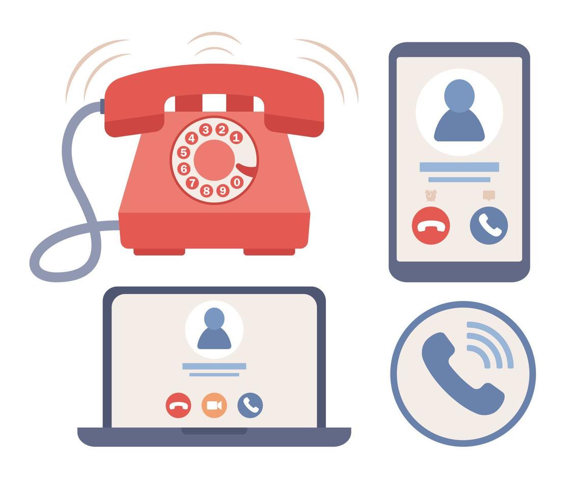 Telefon Anruf Symbol. eingehend Anruf auf Smartphone und Laptop Bildschirm. alt rot Jahrgang Telefon unterzeichnen. online Video Forderung. Vektor eben Illustration