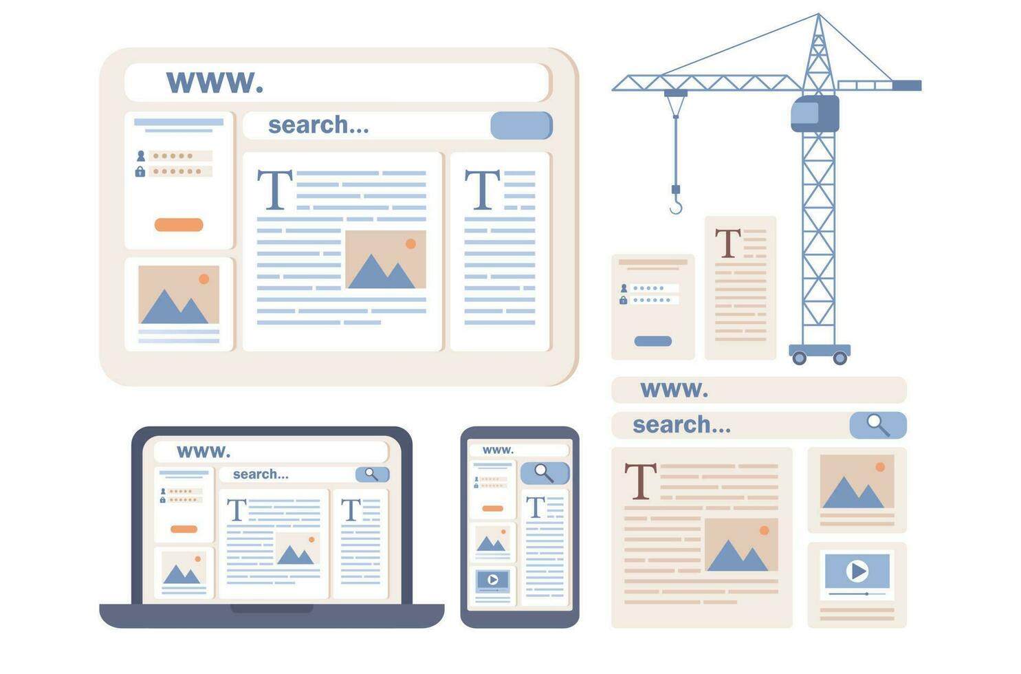 webb design ikon. användare gränssnitt utveckling begrepp. webbplats skapande med block i browser eller mobil app. hemsida layout uppkopplad service eller plattform. vektor platt illustration