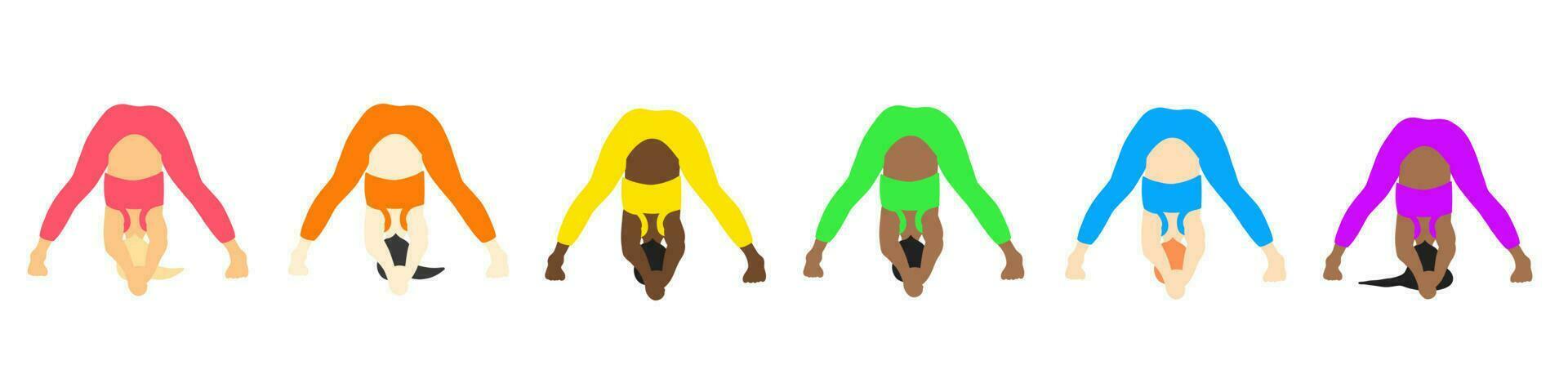 Yoga-Posen-Sammlung. europäisch, afrikanisch, asiatisch. weibliches frau mädchen. vektorillustration im flachen stil der karikatur lokalisiert auf weißem hintergrund. vektor