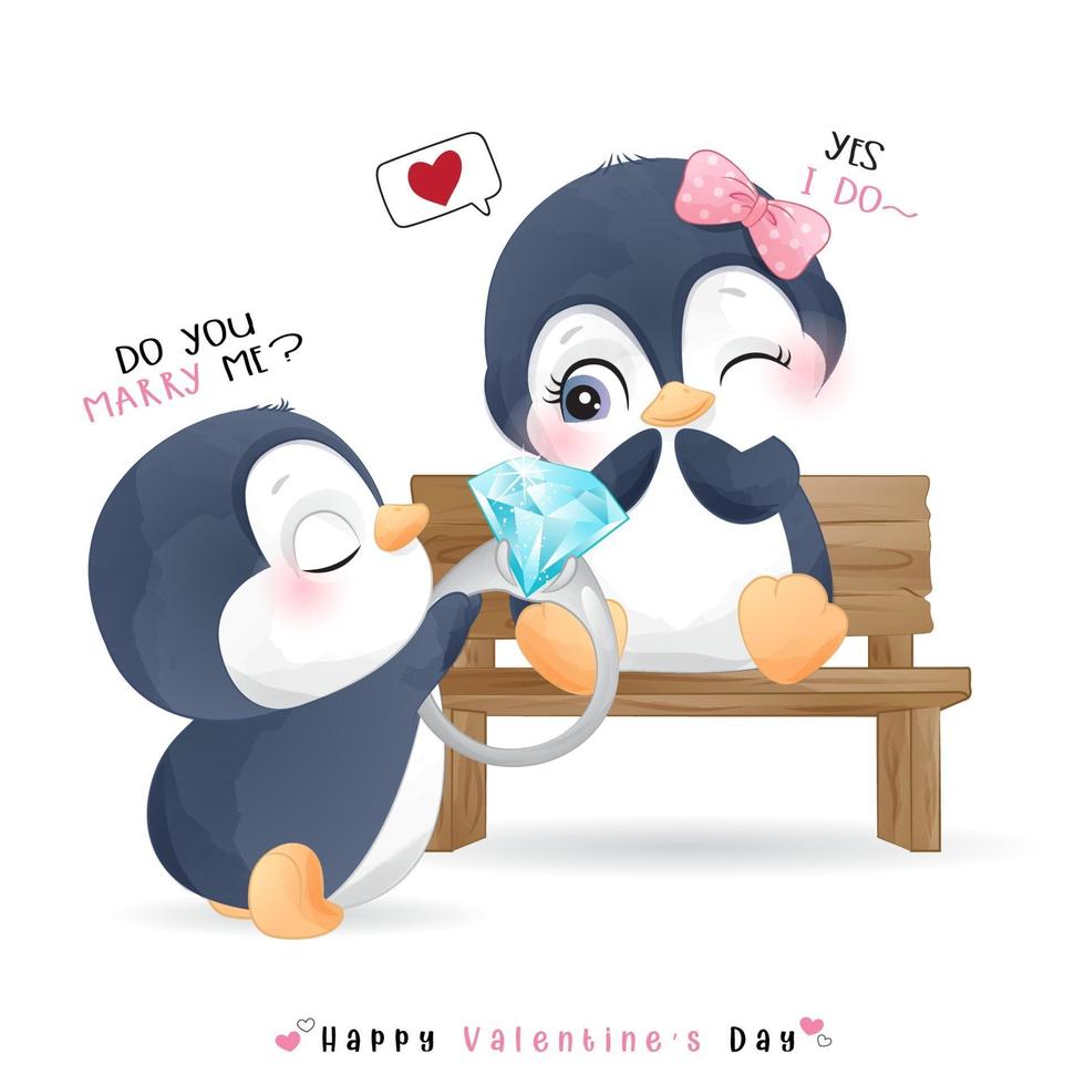söt doodle pingvin för alla hjärtans dag vektor