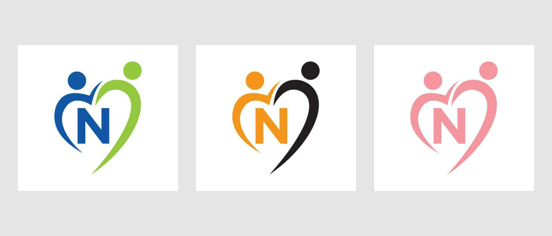 Brief n Gemeinschaft Logo Vorlage. Zusammenarbeit, Herz, Menschen, Familie Pflege, Liebe Logo. Nächstenliebe Spende Stiftung Zeichen vektor
