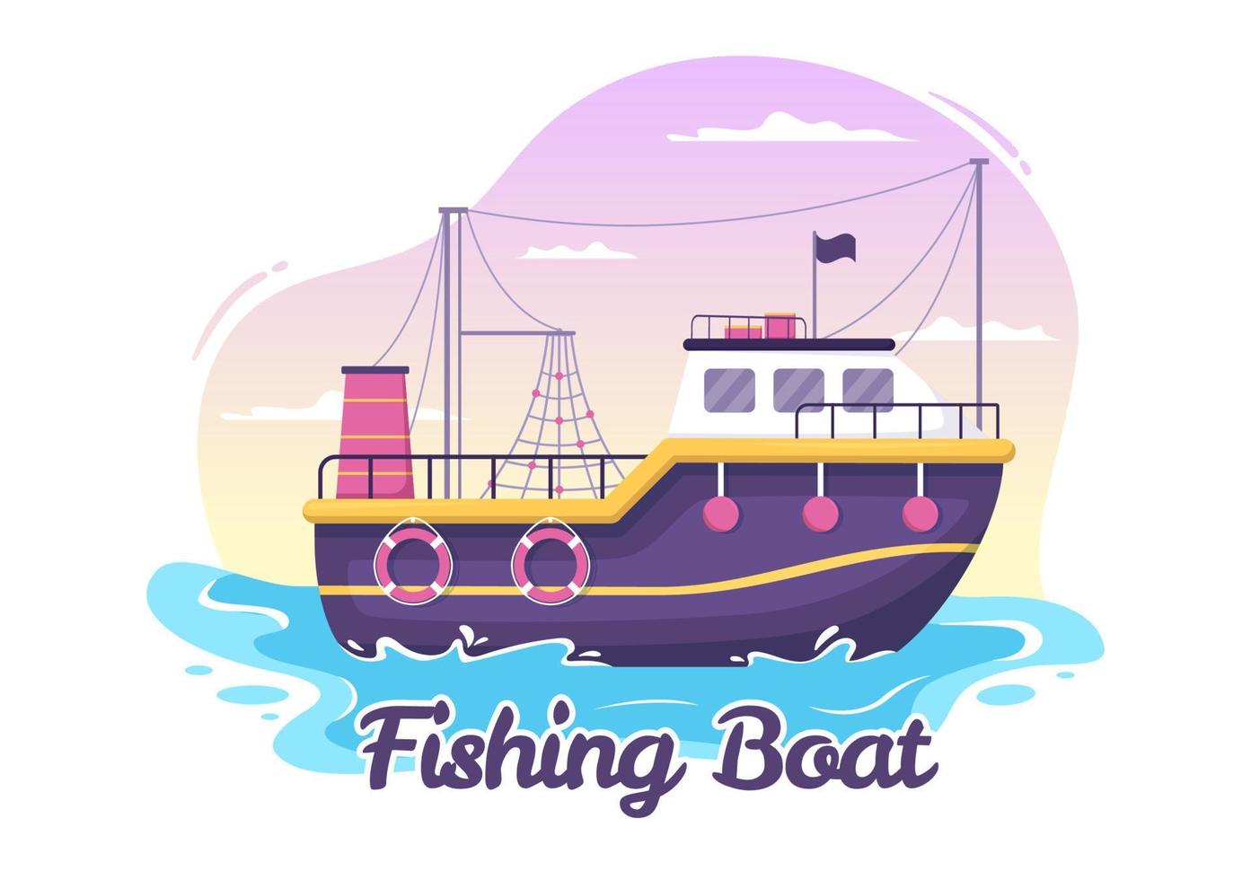 fiske båt illustration med fiskare jakt fisk använder sig av fartyg för webb baner eller landning sida i platt tecknad serie hand dragen vektor mallar