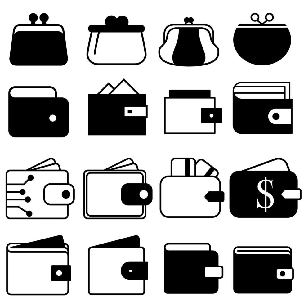 Brieftasche Symbol Vektor Satz. Geldbörse mit Geld Illustration Zeichen Sammlung. Münzen Symbol. online Zahlung Logo.