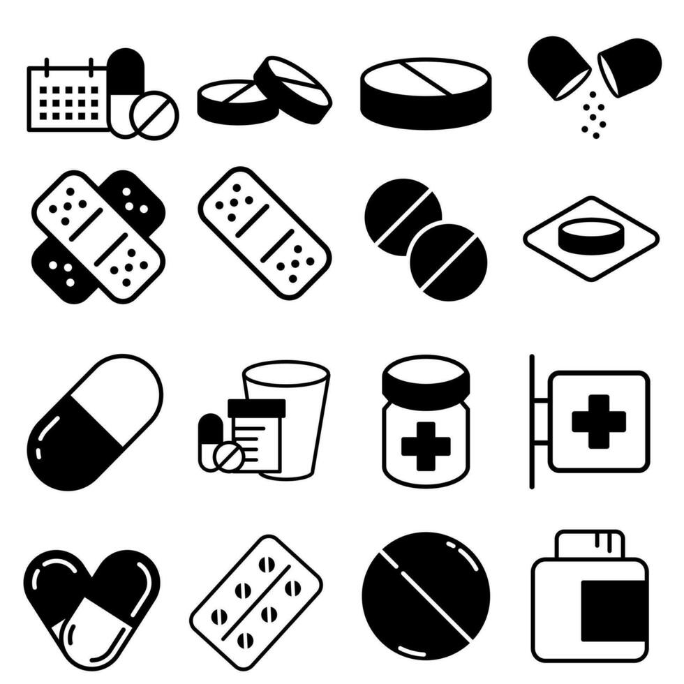 Pillen-Icon-Vektor-Set. Sammlung von Antibiotika-Illustrationszeichen. Medikamente-Symbol. Drogen-Logo. Medizin Zeichen. vektor