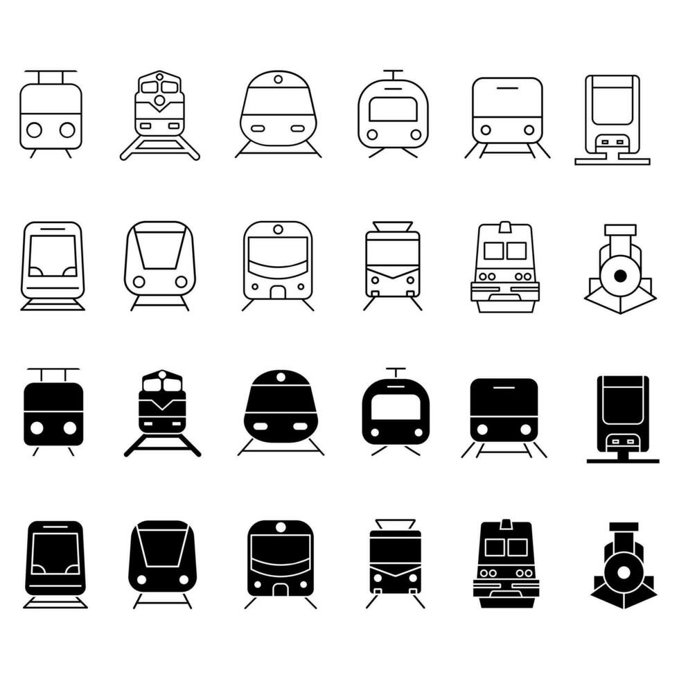 tåg vektor ikon uppsättning. spårvagn illustration tecken samling. offentlig transport symbol eller logotyp.