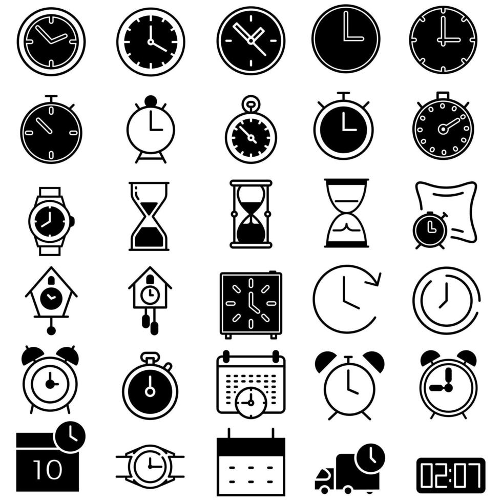 Zeit-Icon-Vektor-Set. Sammlung von Uhrenillustrationszeichen. Uhrensymbol. vektor