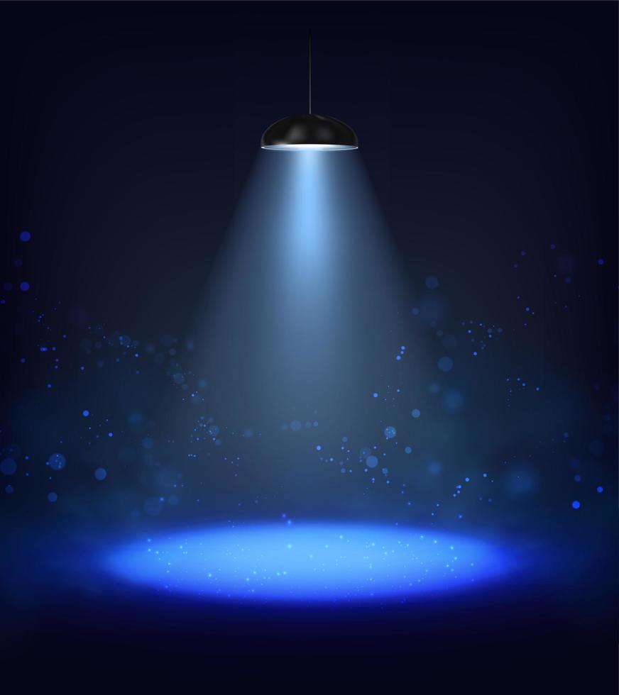 3d realistisch Vektor Licht Wirkung. Lampe beleuchtet Scheinwerfer auf dunkel Hintergrund mit Blau glühen.