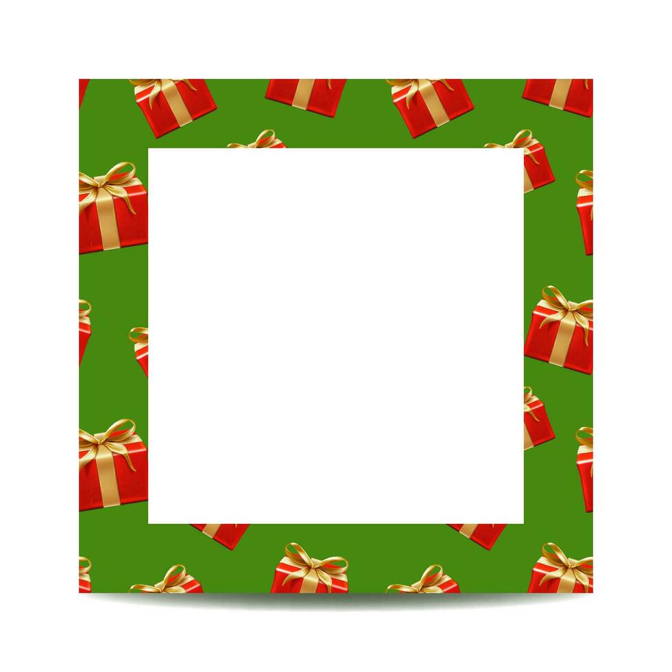 vektor illustration glad jul och Lycklig ny år bakgrund. Semester hälsning baner, flygblad och kort. röd närvarande lådor relistisk med gyllene band på grön ram.