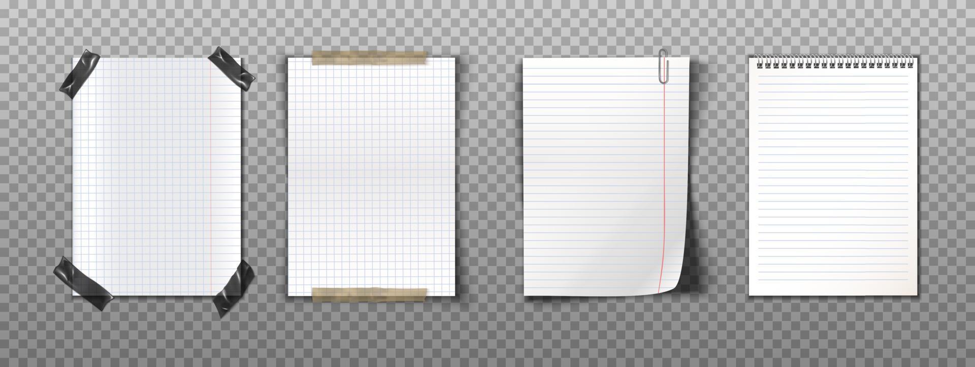 3d realistisk samling av papper anteckningar med band, gem, spiral anteckningsbok. isolerat på transparent bakgrund. vektor