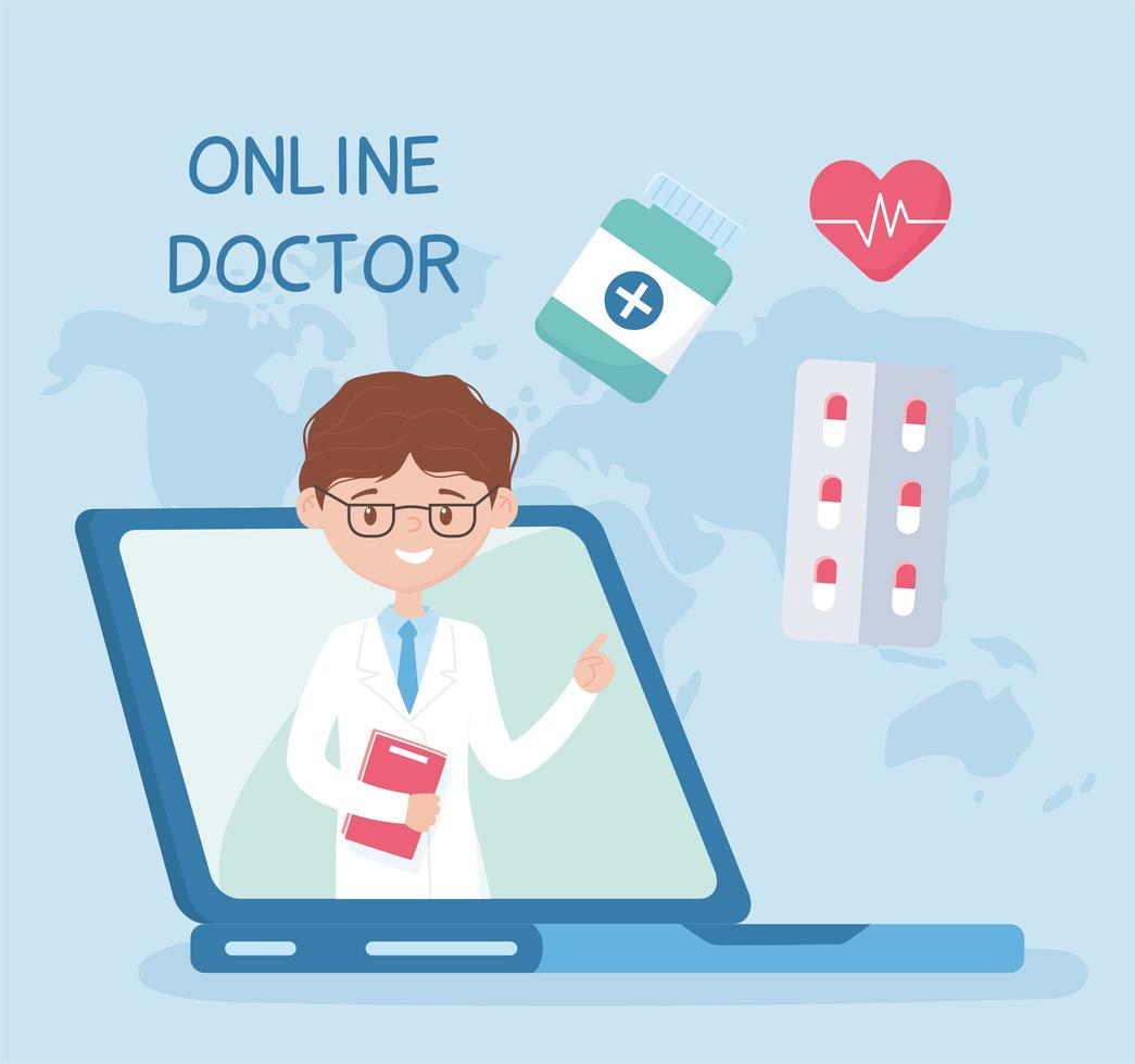 Online-Pflege mit Arzt auf dem Laptop vektor