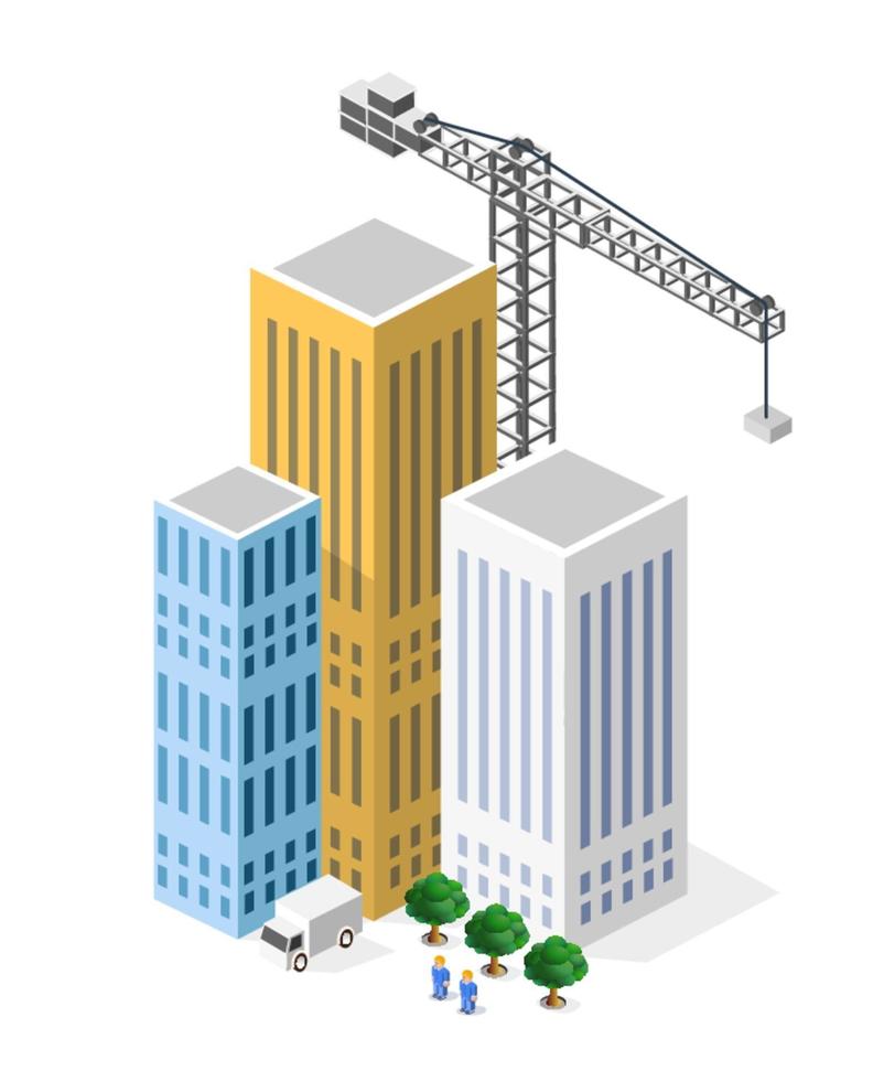 Industriebau-Isometrie in den im Bau befindlichen Wolkenkratzern der Großstadt, Häuser und Gebäude vektor