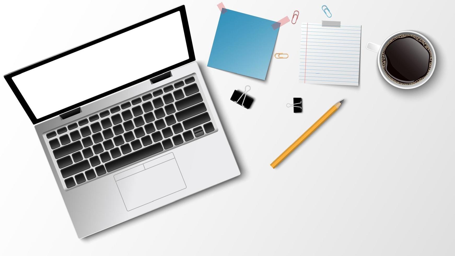 Draufsicht des modernen Arbeitsplatzes, Laptop-Kaffee-Papiernotizstift auf dem weißen Hintergrund und Kopienraum für Text, Geschäftskonzept, Vektorillustration vektor