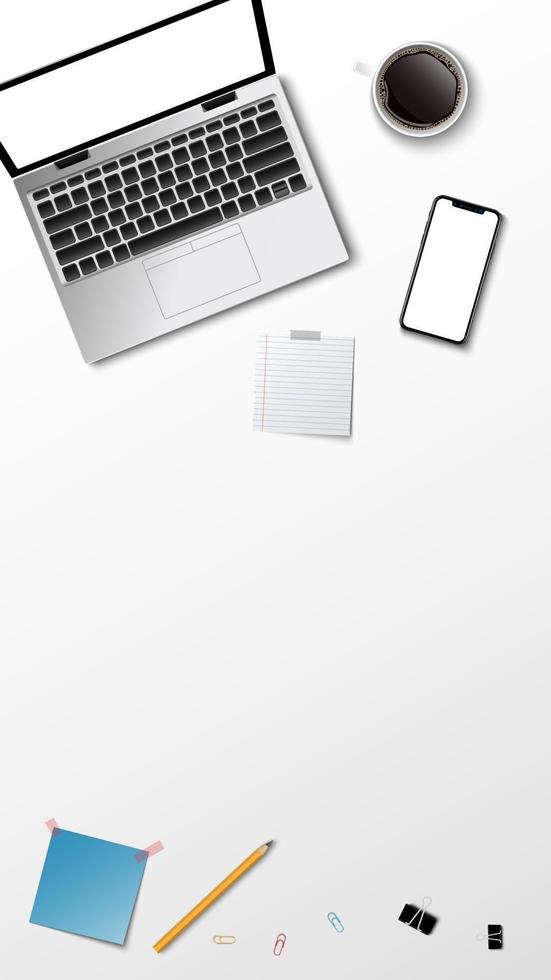 ovanifrån av modern arbetsplats, anteckningsbok för bärbar kaffepapper på den vita bakgrunden och kopieringsutrymme för text, affärsidé, vektorillustration vektor