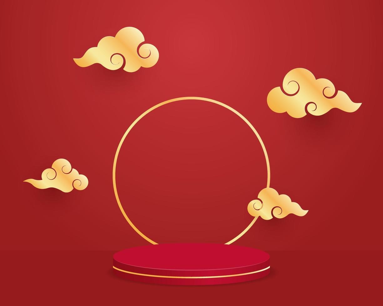 leeres Zylinderpodest mit Wolken auf rotem Hintergrund. chinesisches Neujahrskonzept. Minimale Szene mit geometrischen Formen. Design für die Produktpräsentation. 3D-Vektorillustration. vektor