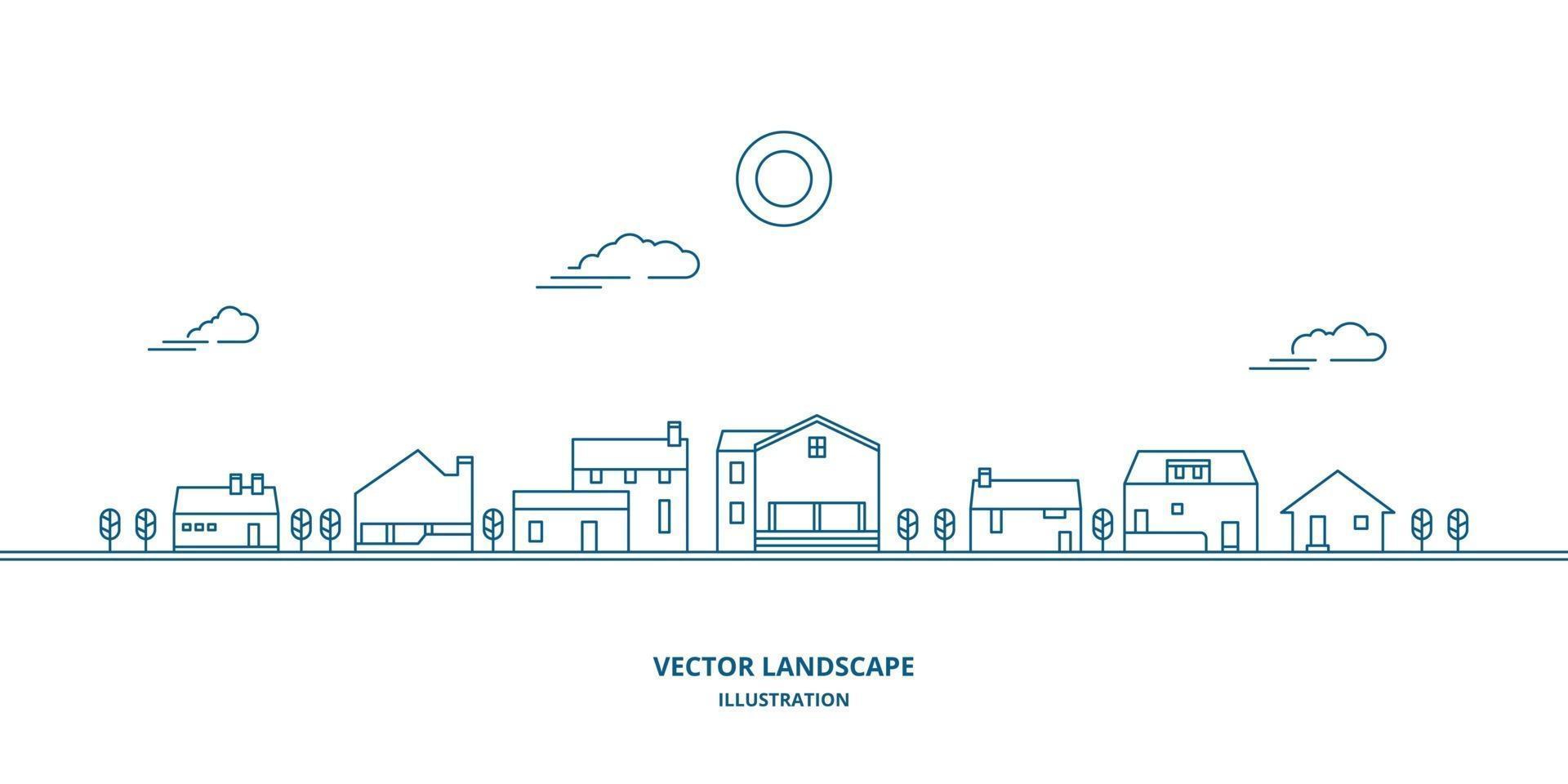 vektorlandskap med hus, byggnad, träd, himmel. förortslandskap. platt linje design vektor. vektor