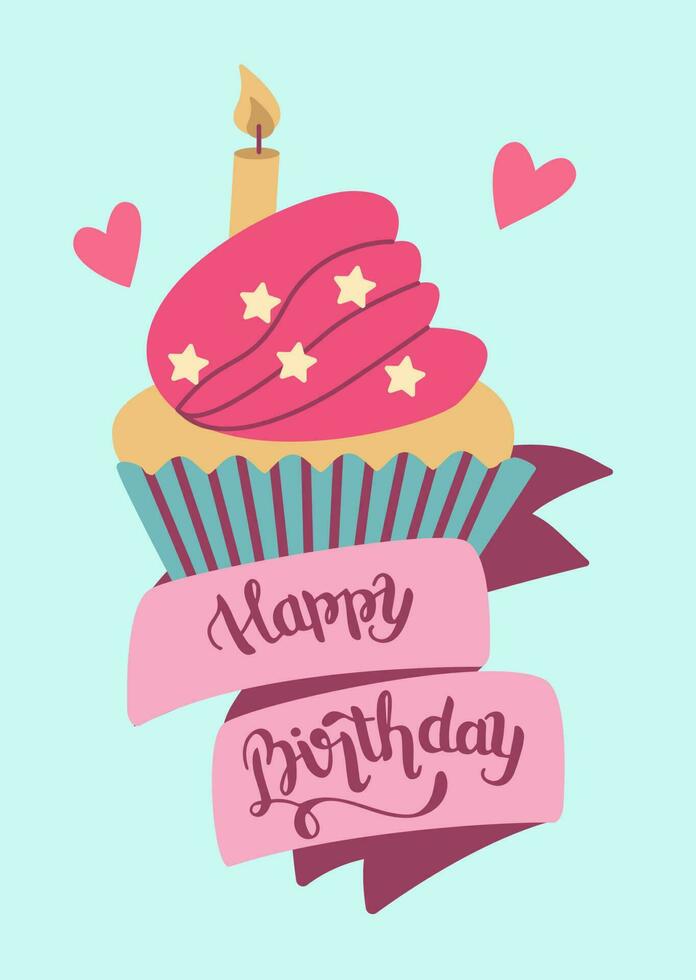 Lycklig födelsedag, underbar text skriven med elegant calligraphic font eller manus. födelsedag vagn med cupcake. vektor