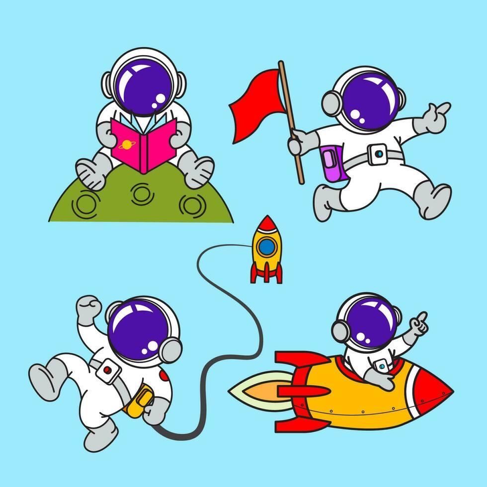 astronaut tecknad serie uppsättning, animering , platt design, super hjälte, vektor