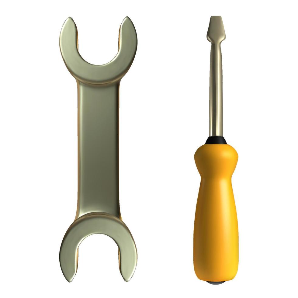 realistisk uppsättning verktyg för mekaniker eller rörmokare. Illustration för vektor 3d av en skiftnyckel, en skiftnyckel och en skruvmejsel