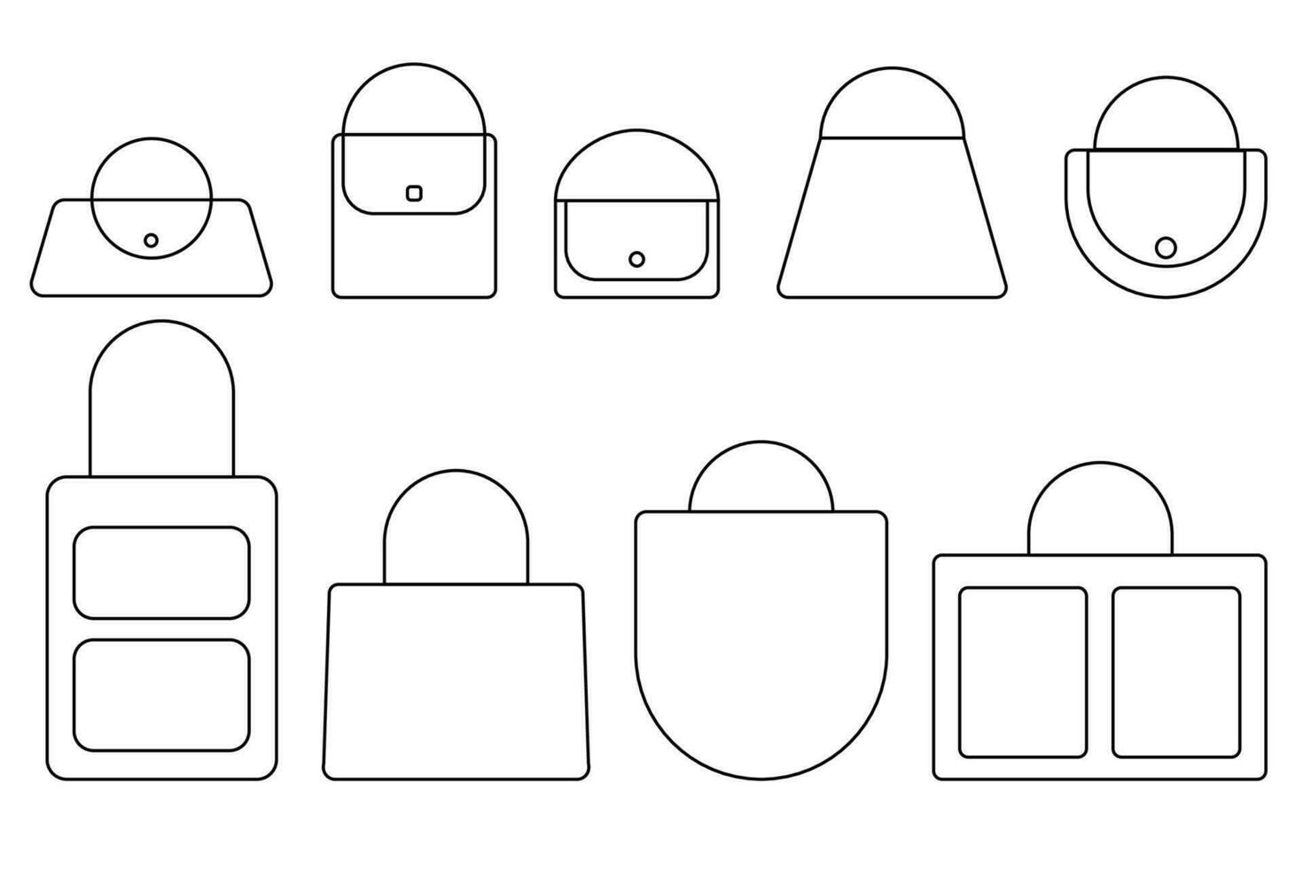 Frauen Mode Handtaschen Sammlung, Vektor Gliederung Symbol Illustration. anders Typen von stilvoll Taschen isoliert auf ein Weiß Hintergrund.