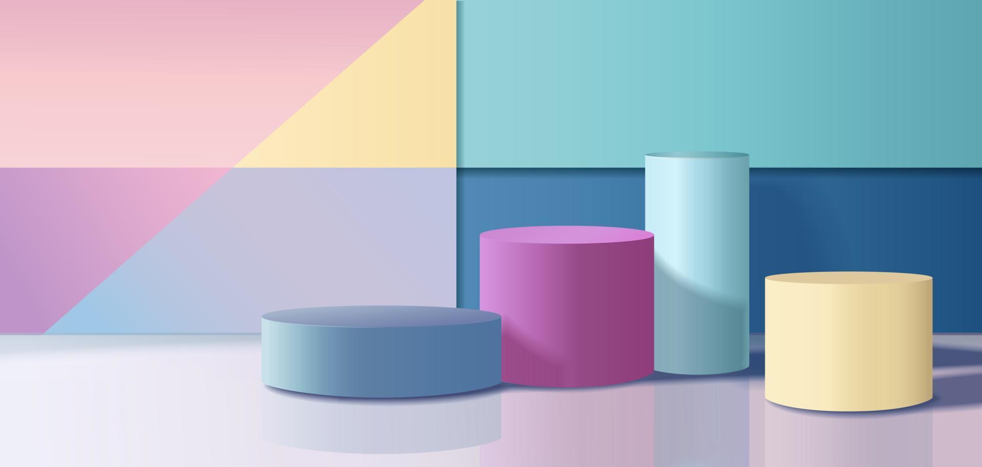 abstrakt 3d Zimmer mit Gelb, Blau, Rosa, und Weiß realistisch Zylinder Podium. Pastell- Farbe auf das Mauer. Vektor Rendern geometrisch form. Attrappe, Lehrmodell, Simulation Produkt Anzeige. minimal Szene. Bühne Vitrine.