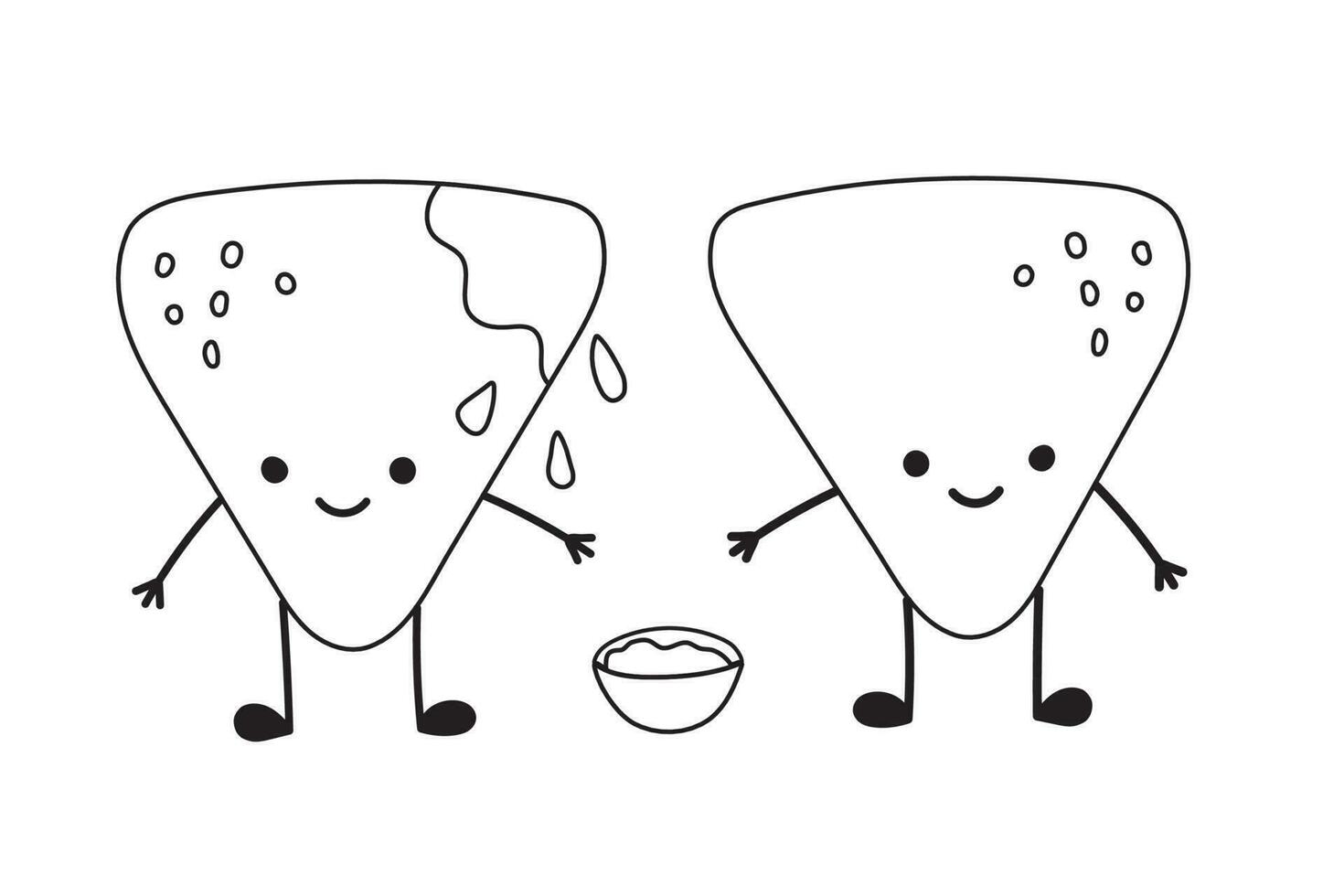 två pommes frites nachos tecken med en kopp av tomat salsa. mexikansk platt vektor illustration