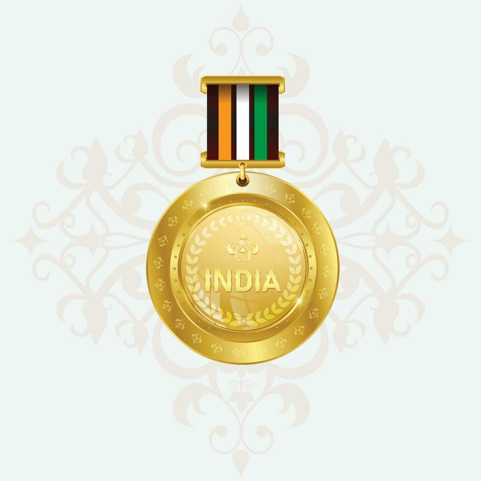 Indien National Flagge Gold zuerst Platz Gewinner Medaille. vektor