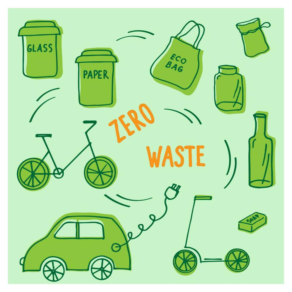 Null Abfall Konzept mit ökologisch Objekte und Beschriftung. Einkaufen Tasche, Container, Flasche, dürfen, elektrisch Auto, Fahrrad, Roller, Seife. Gekritzel. Vektor