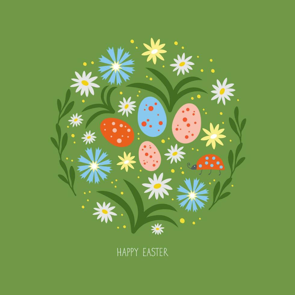 Lycklig påsk. klotter illustration med skog blommor, löv, nyckelpiga, påsk ägg och hand text. vår prydnad vektor
