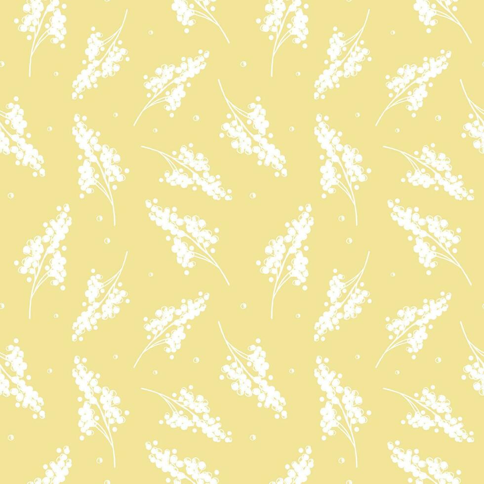 söt sömlös upprepa mönster med mimosa blommor på gul bakgrund, färsk vår blommig motiv. akacia mönster i mönster för textil, omslag papper och förpackning design. vektor