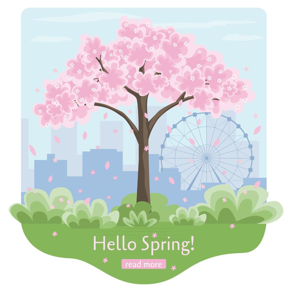 Frühling im das Stadt mit Kirsche blüht. Hallo Frühling Poster oder Website. eben Vektor Illustration