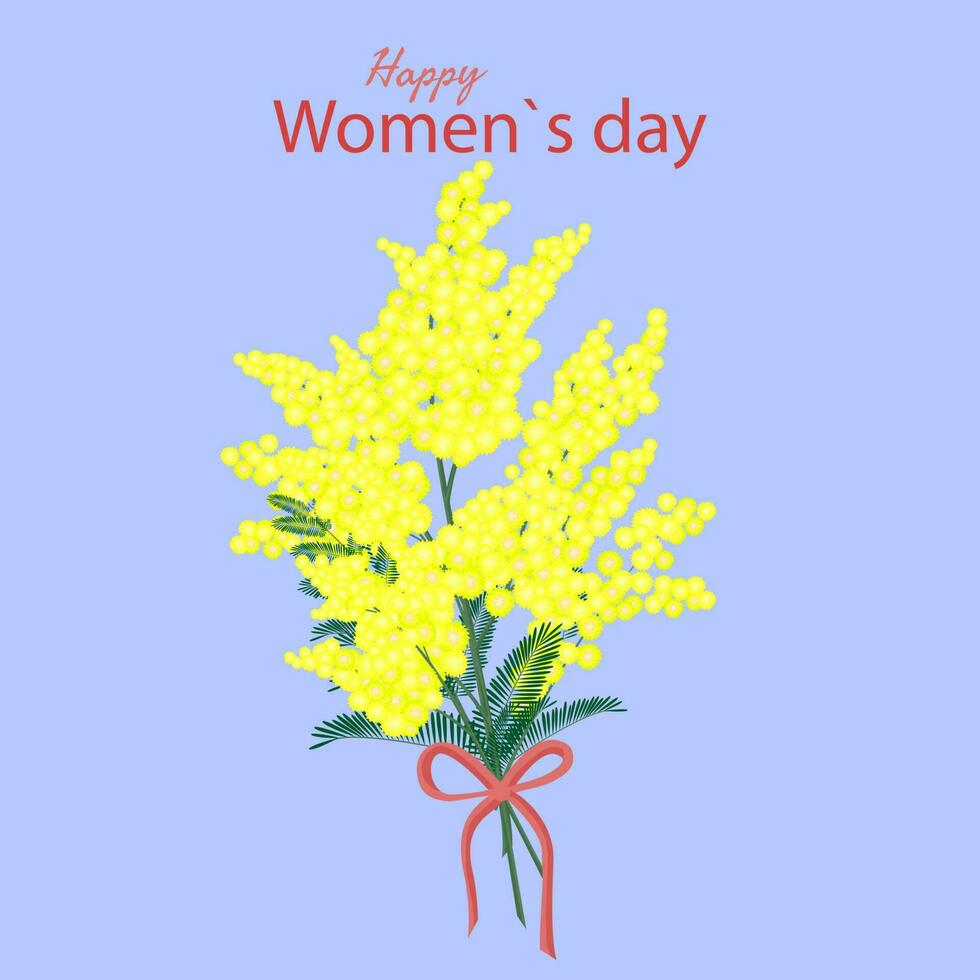 International Frauen Tag Gruß Karte mit Mimose Frühling Gelb Blumen Strauß vektor