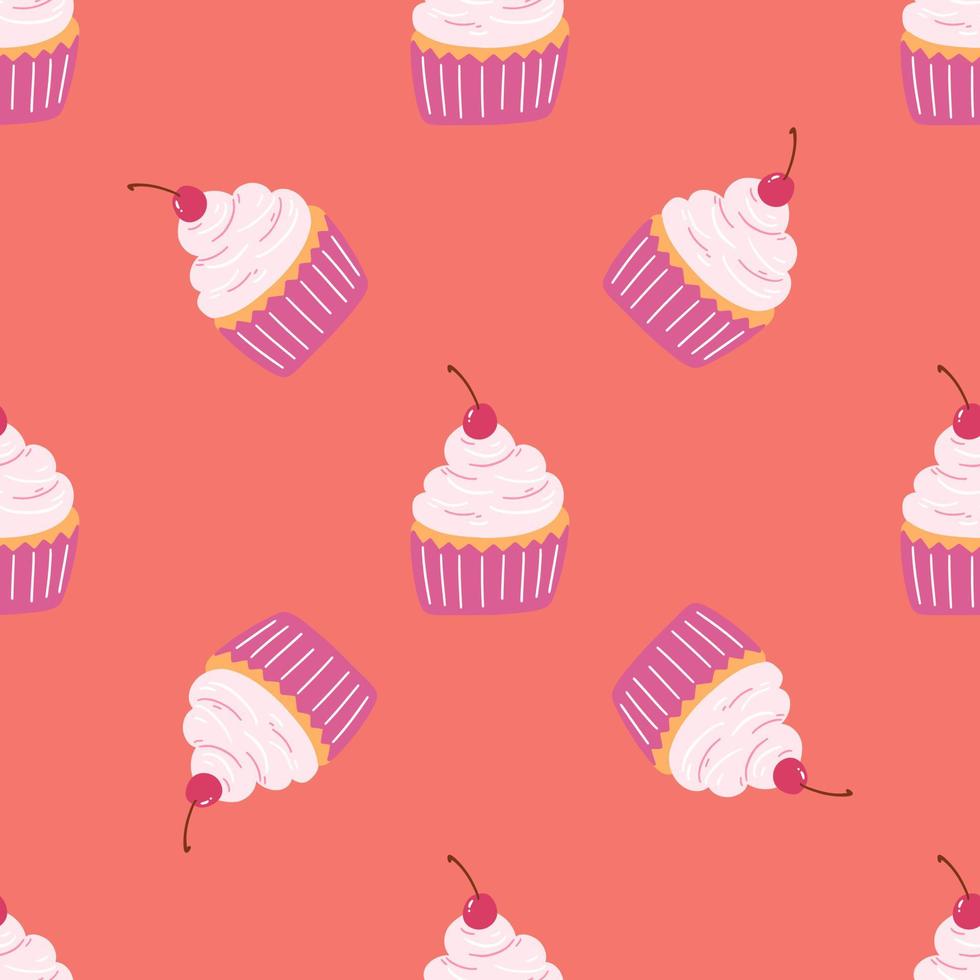 nahtlos Muster mit köstlich Cupcake im Karikatur Stil. Vektor Hintergrund mit Süßigkeiten, Nachtisch, Gebäck.