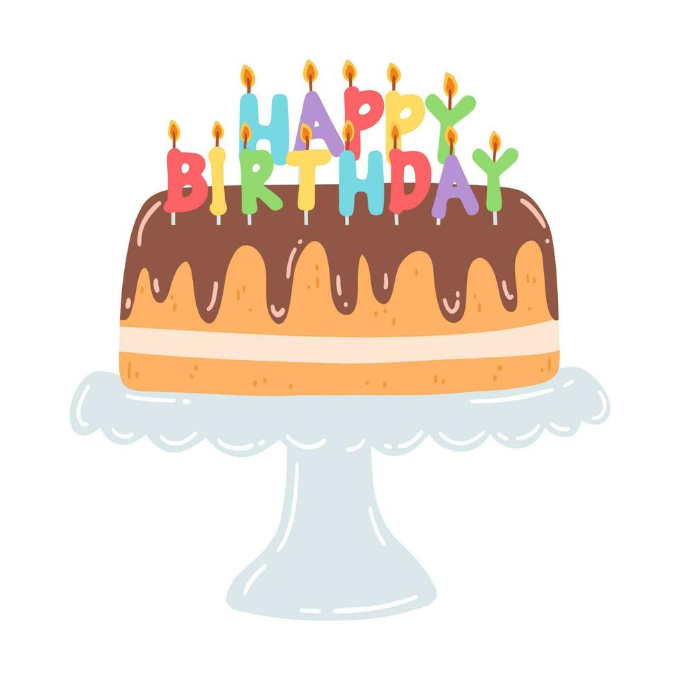 födelsedag kaka på en stå med ljus i platt stil. hand dragen vektor illustration av choklad kaka med grädde, ljuv efterrätt, bakverk mat