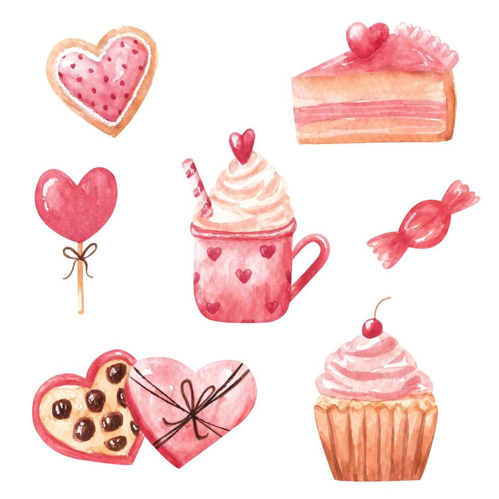 Hand gezeichnet Aquarell Süßigkeiten wie Schokolade Süßigkeiten, Kuchen, Cupcake, Lutscher, Becher mit Kakao und ausgepeitscht Creme, Keks. Aquarell Clip Kunst zum Valentinsgrüße Tag vektor