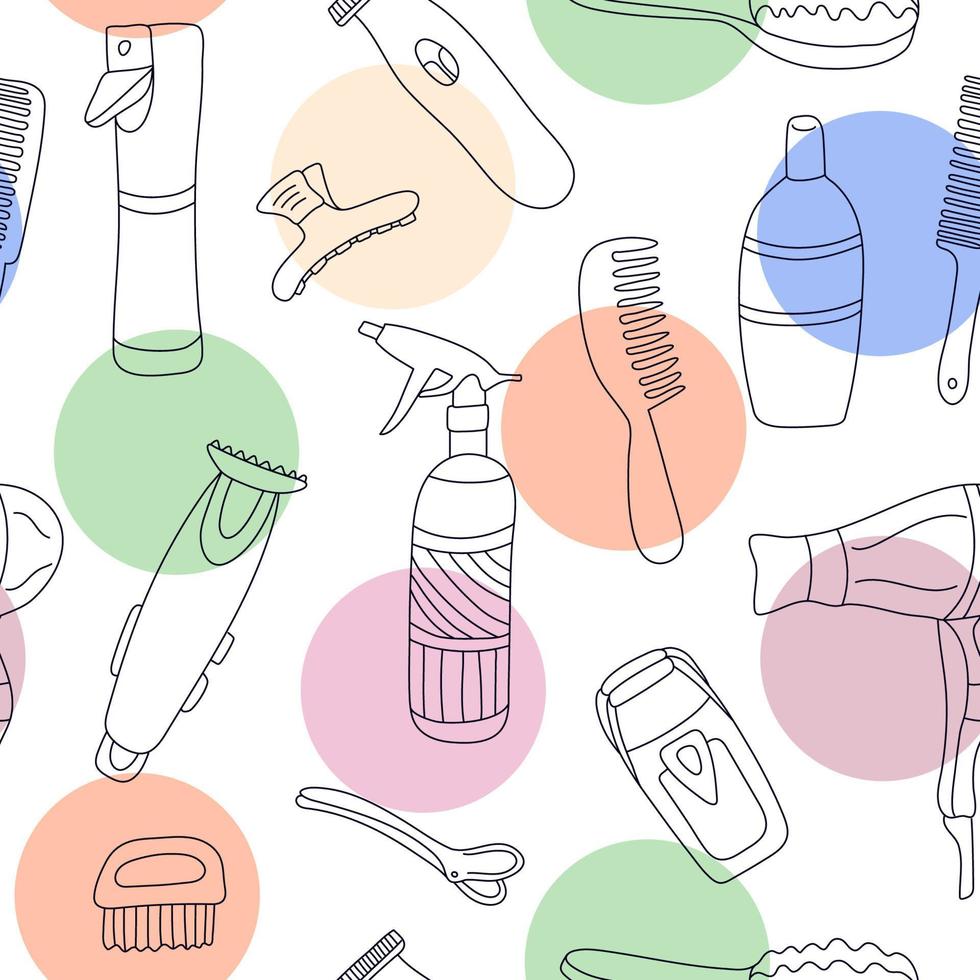 sömlös mönster med frisering verktyg. klotter stil illustration svart bläck med Färg element. bra gor frisersalonger, omslag papper, tapeter, täcker. hår torktumlare, spray, trimmer, hårkam, borsta. vektor