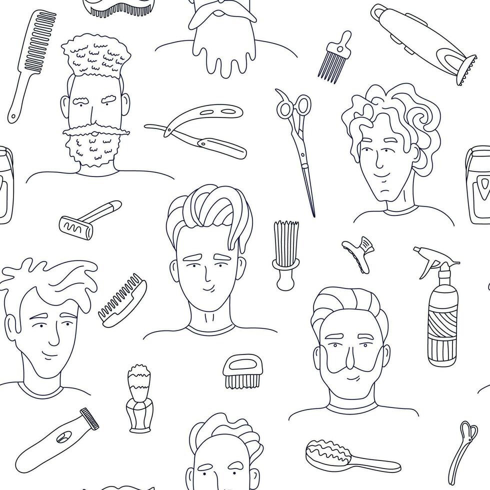 nahtlos Muster mit Mann Gesichter und Friseur Werkzeug. Gekritzel Stil Illustration im schwarz Tinte. großartig gor Friseursalons Design, Verpackung Papiere, Tapeten, Abdeckungen. vektor