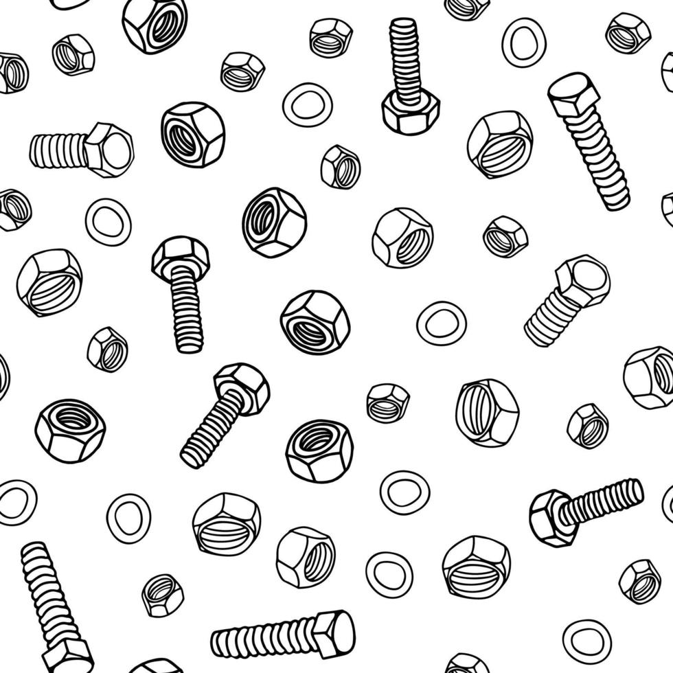 Vektor nahtlos Muster mit Nüsse und verhexen Schrauben auf Weiß Hintergrund. großartig zum Stoffe, Verpackung Papiere, Tapeten, Abdeckungen. Gekritzel Stil Illustration im schwarz Tinte.