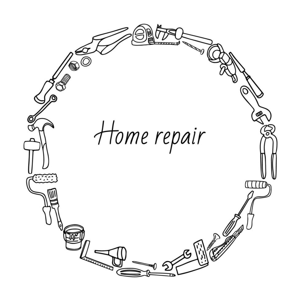 runden Rahmen Komposition von Zuhause Reparatur Werkzeug. Hand gezeichnet Vektor Illustration isoliert auf Weiß. Gekritzel Rand Design.