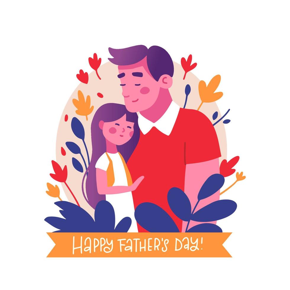 glücklich Vaters Tag Gruß Karte Design. Inschrift Beste Vati immer. Vektor eben Hand gezeichnet Abbildungen mit Vater und Mädchen Kind mit Blumen- Dekor.