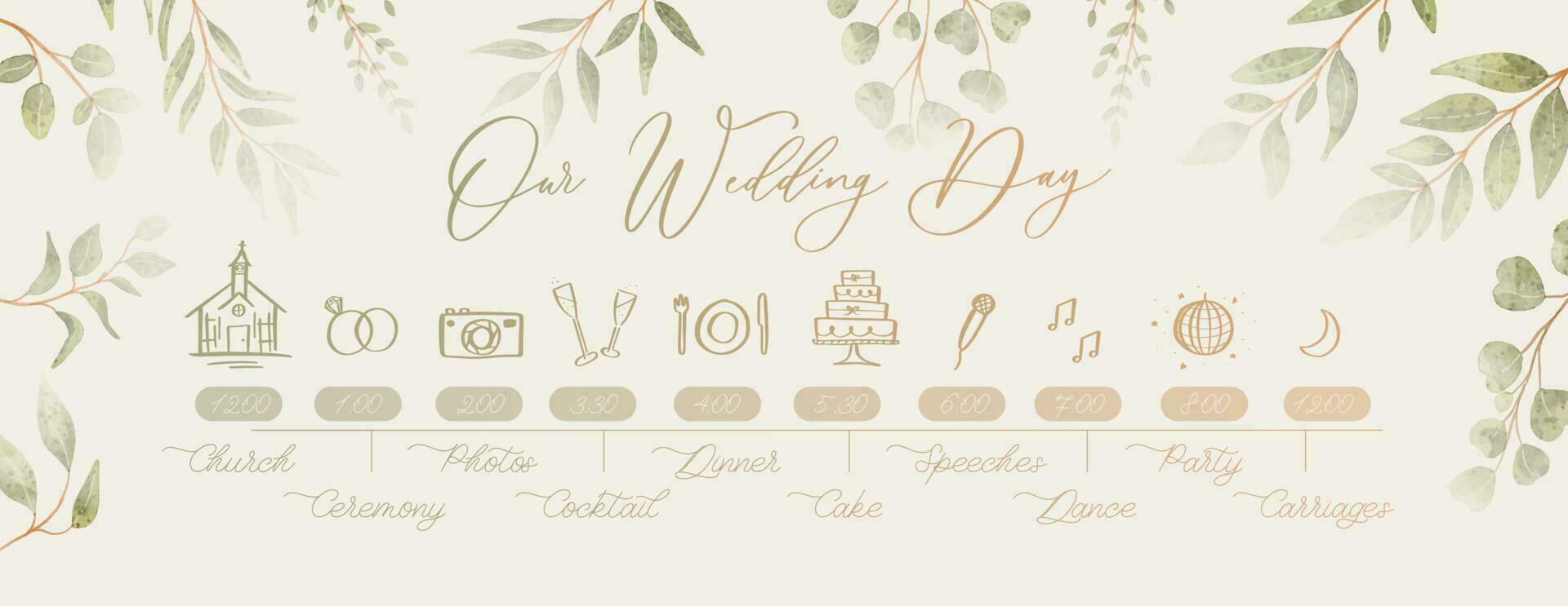 Hochzeit Zeitleiste Speisekarte auf Hochzeit Tag. unser Hochzeit Tag Kalligraphie Inschrift. vektor