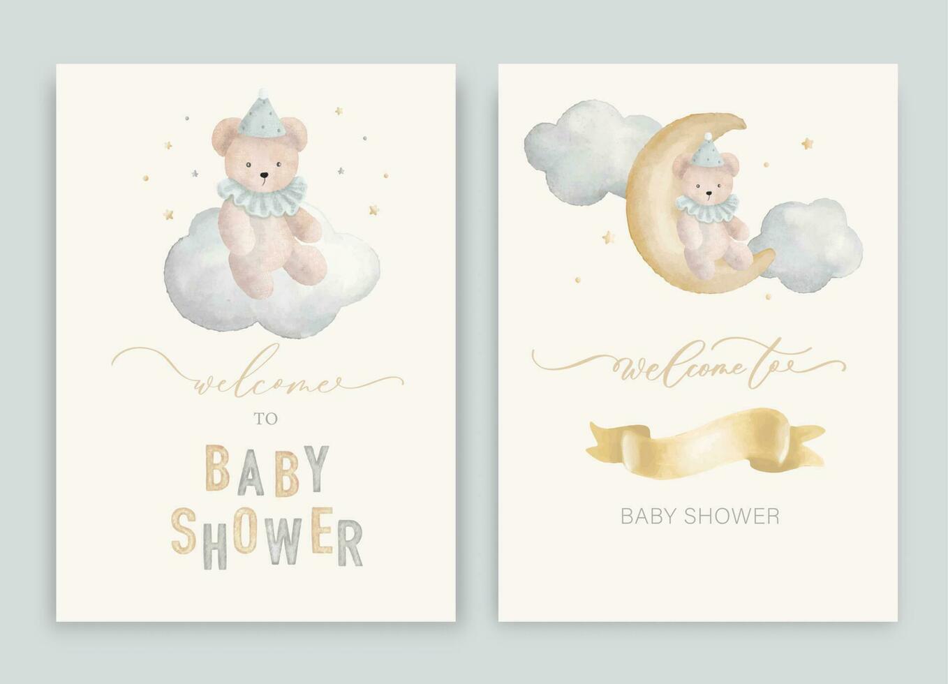 süß Baby Dusche Aquarell Einladung Karte zum Baby und Kinder Neu geboren Feier. mit Wolken, Mond, Sterne, Teddy Bär und Kalligraphie Inschrift. vektor