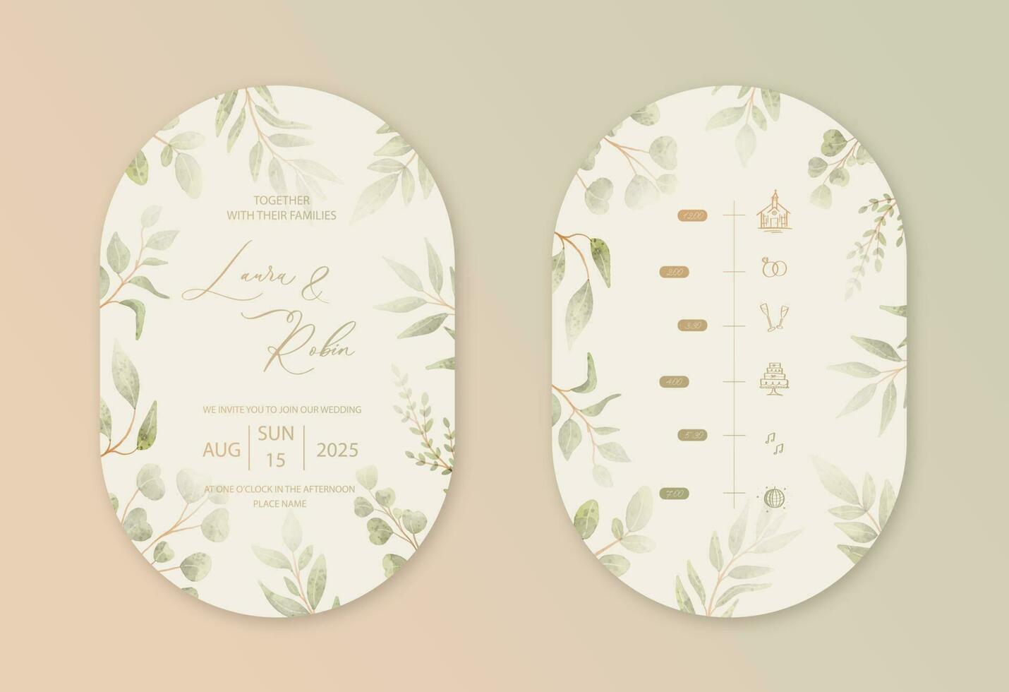 lyx dubbel- båge bröllop inbjudan kort bakgrund med grön vattenfärg botanisk löv. abstrakt blommig konst bakgrund vektor design för bröllop och vip omslag mall.