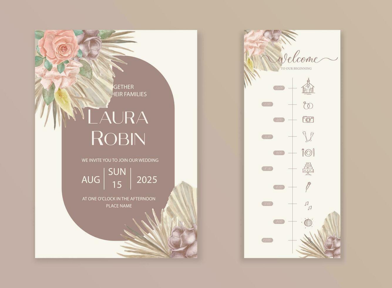 hochzeit getrocknete lunaria, rose, pampasgras florale vektorkarte. aquarell exotische getrocknete blumen, palmblätter boho einladungsvorlage. Save the Date Laubabdeckung, modernes Poster, trendiges Design. vektor