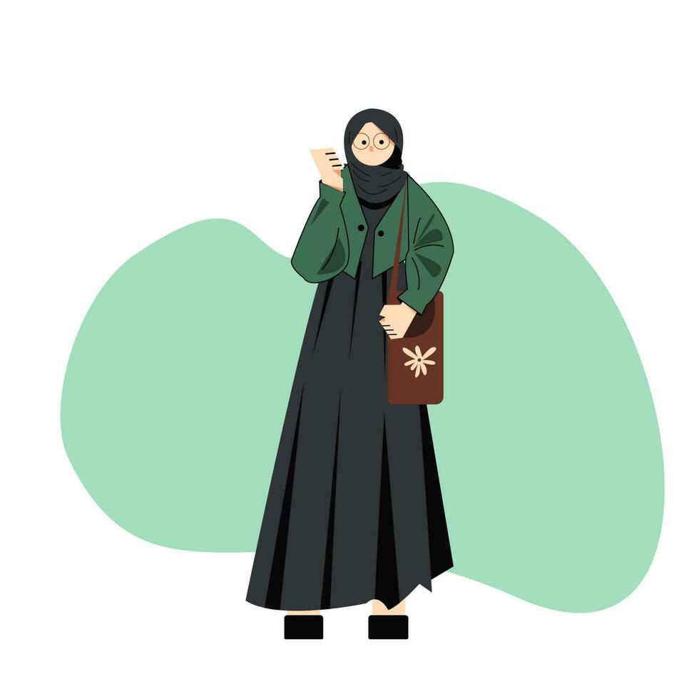 Islam Schüler Frau im Hijab mit Telefon. Vektor Illustration eben Stil Design zum Bildung und akademisch