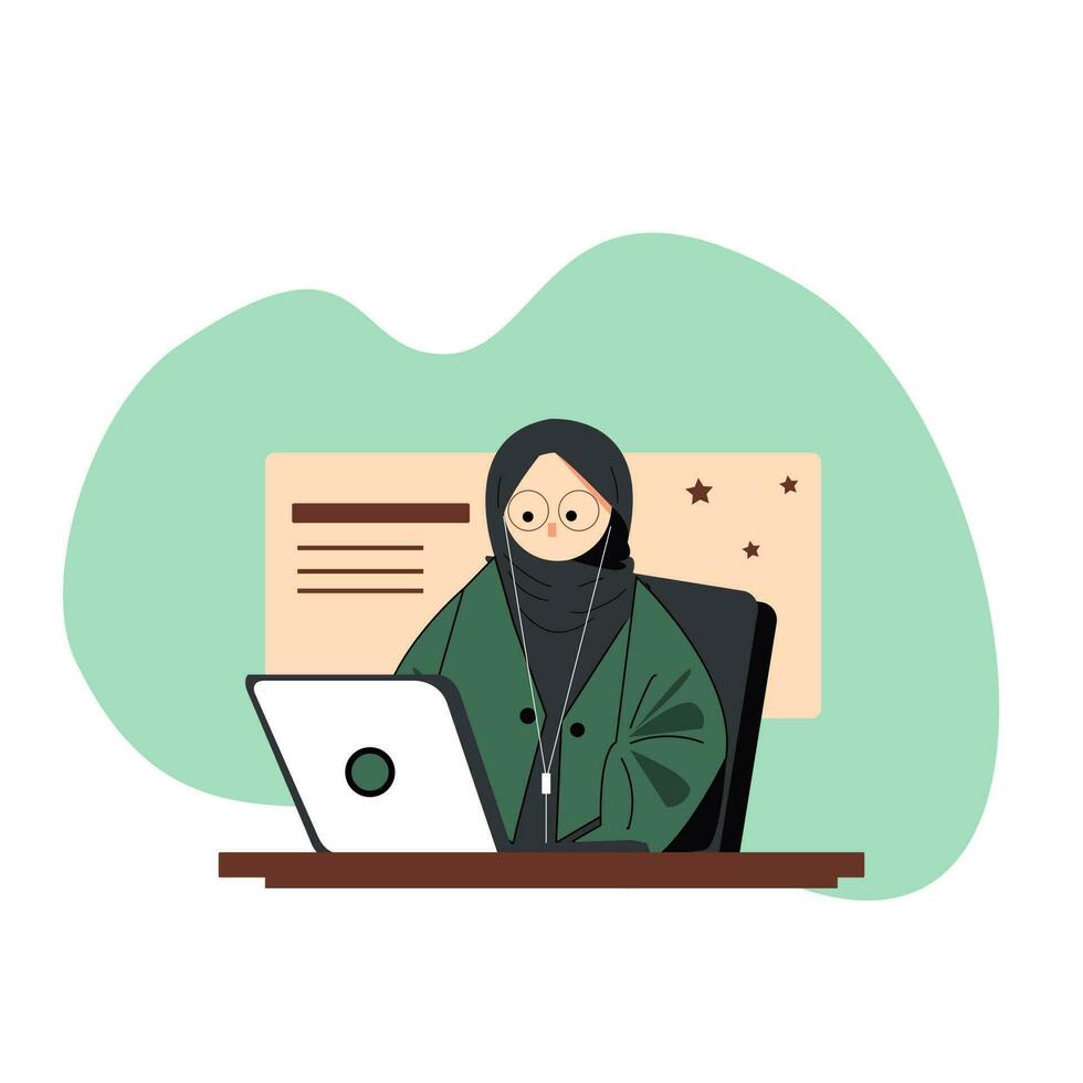 muslim kvinna i hijab arbetssätt på bärbar dator. vektor illustration platt stil design för utbildning och akademisk