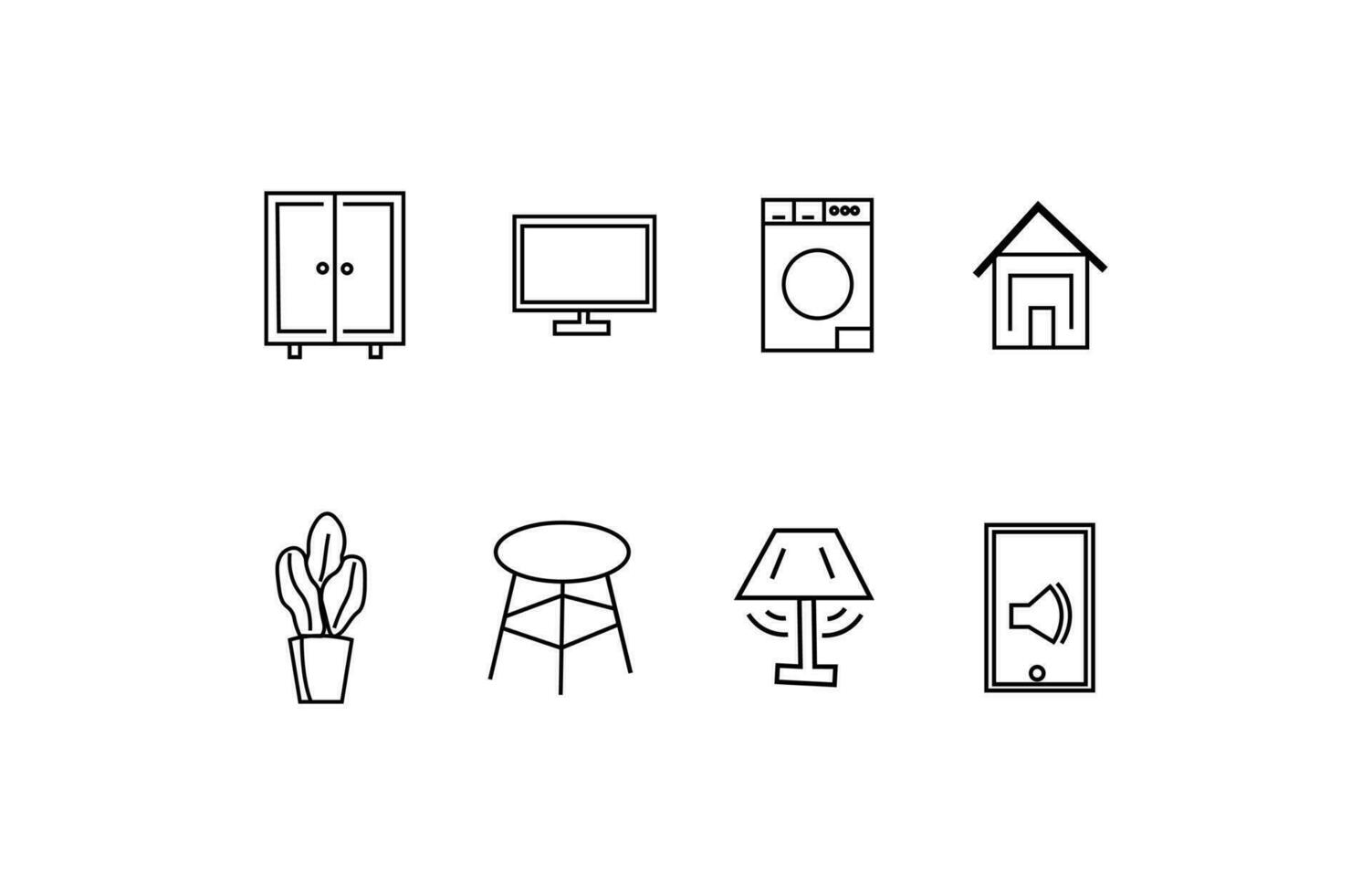 Hem grejer ikoner platt linje stil. resväska, tv, växt, tvättning maskin, stol, hus, telefon. vektor