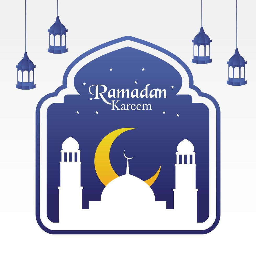 Ramadan kareen Vektor Poster eben Kunst mit Moschee Untergang und hängend Laterne im Hintergrund Halbmond Mond und sternenklar Himmel Nacht Design isoliert kostenlos editierbar zum Inhalt Material Anlagegut