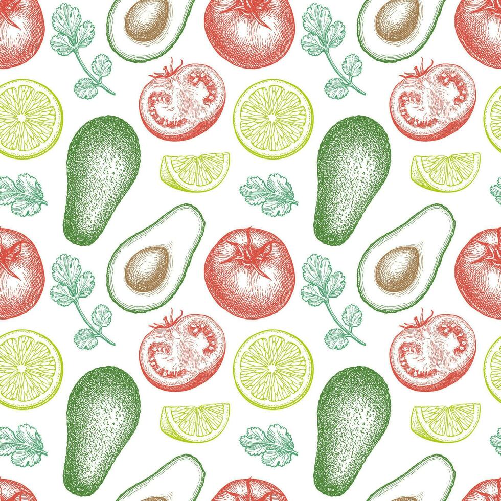 guacamole sås Ingredienser. sömlös mönster med avokado, kalk och tomat. bläck skiss isolerat på vit bakgrund. hand dragen vektor illustration. retro stil.