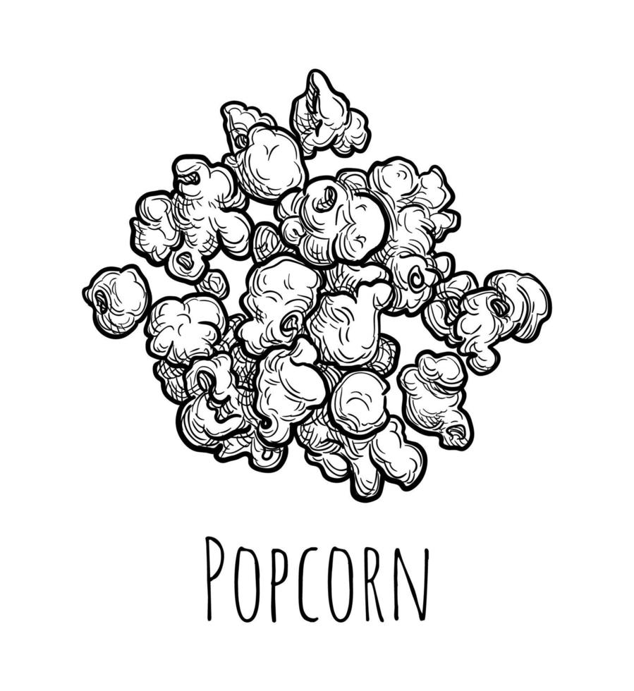 Hand voll von Popcorn. Tinte skizzieren isoliert auf Weiß Hintergrund. Hand gezeichnet Vektor Illustration. retro Stil.