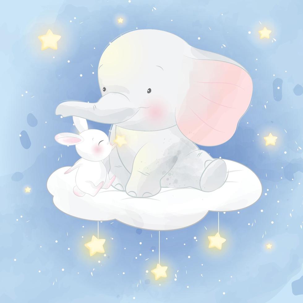 niedlicher Elefant mit Hase auf einer Wolkenillustration vektor